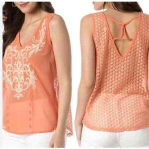 Miss Me Orange Citrus Hottie Embroidered Open-Knit Back Blouse Small summer boho